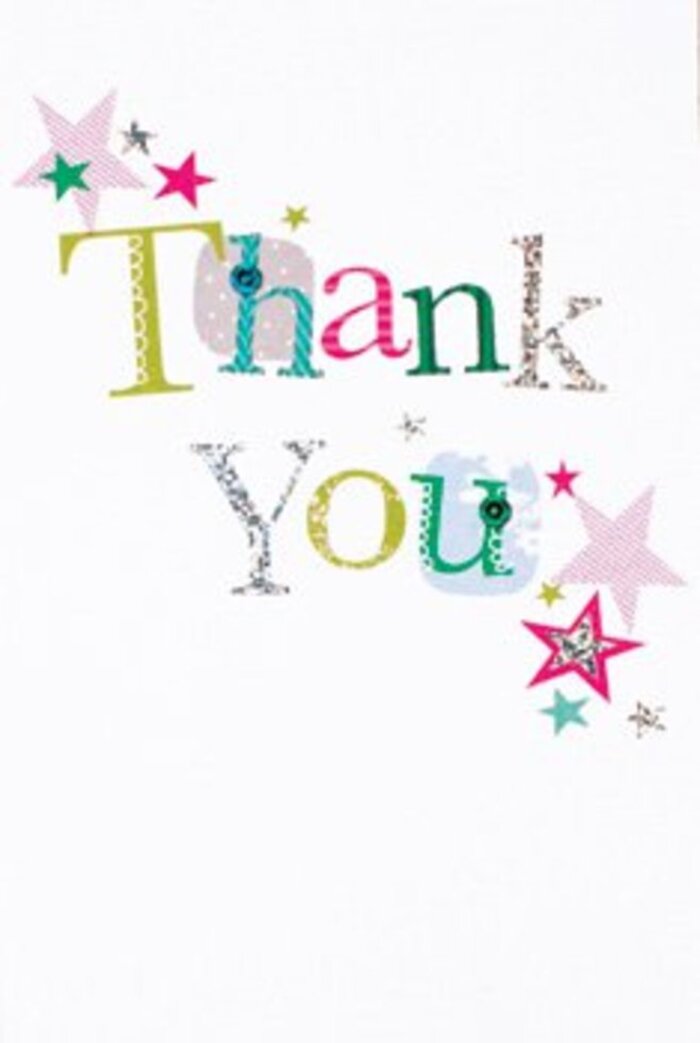 The graceful composition of this thank you card embodies a quiet exuberance, reminiscent of spring mornings in Upminster when cherry blossoms line the avenues by Upminster Hall. Each artfully arranged letter seems to sing with its own personality-one playful and dotty in rich turquoise, another elegantly curved in silver, while yet another beams in sunlit yellow. Beneath and around the expressive lettering, vibrant stars assemble-some twinkling in magenta and teal, others sparkling with silver or striped in joyful pink, as if bestowing a celestial blessing upon the message. The background remains a clear, chalk-white canvas, enhancing the design's modern, airy feel and inviting the colours to dance without constraint. There is an understated sophistication to this card; it confidently walks the line between traditional warmth and contemporary freshness, making it equally suited to mark a major milestone or a quiet gesture of thanks. Imagine this card tucked carefully beside a fragrant bouquet from a local Upminster florist-the combined effect uplifting like a friendly smile exchanged in the window of a favourite café on Hall Lane. It conveys gratitude not only through words but through its inviting, memorable design, radiating warmth whether presented in bustling town moments or tranquil home settings.