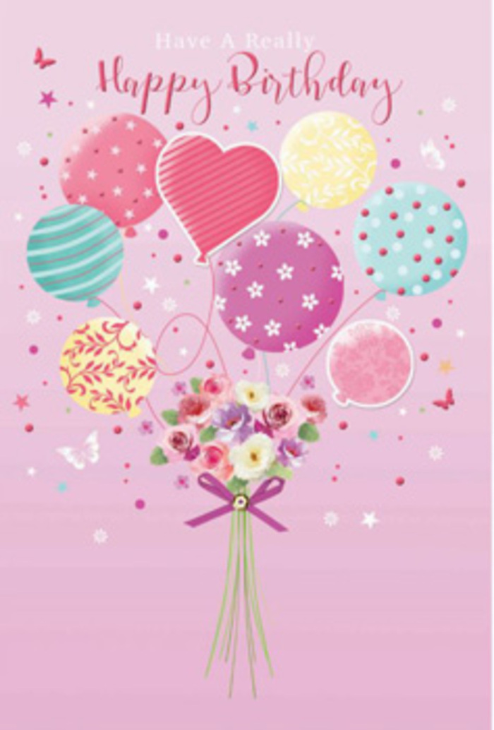 Pastel birthday card illustration showing a dreamy bouquet of balloons lifting a petite floral arrangement, reminiscent of a cheerful celebration tucked away in an Upminster café near Station Road. The entire scene rests on a gentle, rosy pink backdrop that feels calm and inviting. At the top, a loose cluster of balloons floats upward, each one painted in soft, sorbet shades of sea green, fuchsia-rose, lemon, lavender, and buttery cream. Their surfaces shimmer slightly, and every balloon carries a distinct design: some wear spiralling ribbon stripes, others are sprinkled with tiny polka dots or stylised blossoms that echo garden flowers seen in local Upminster front gardens. Thin strings trail downwards from this colourful cloud to a small, hand-tied bouquet at the base. The flowers look freshly picked-tiny roses and daisy-like blooms with velvety petals softly shifting from cream to blush, then into a deeper rose pink, as though touched by first light over Upminster Park. They cluster snugly together, stems neatly gathered and finished with a bright purple satin bow that adds a playful twist. Light washes gently across the composition, catching the shine on the balloons and illuminating the curve of each petal so the arrangement feels almost touchable. The mood is tender yet festive, like giving a loved one a surprise birthday delivery along St. Mary's Lane or in Cranham that says, You are cherished. Every detail-the swirl of patterns, the balance of colour, the imagined gentle fragrance-speaks of expert floral artistry and the simple joy of marking another year with beauty.