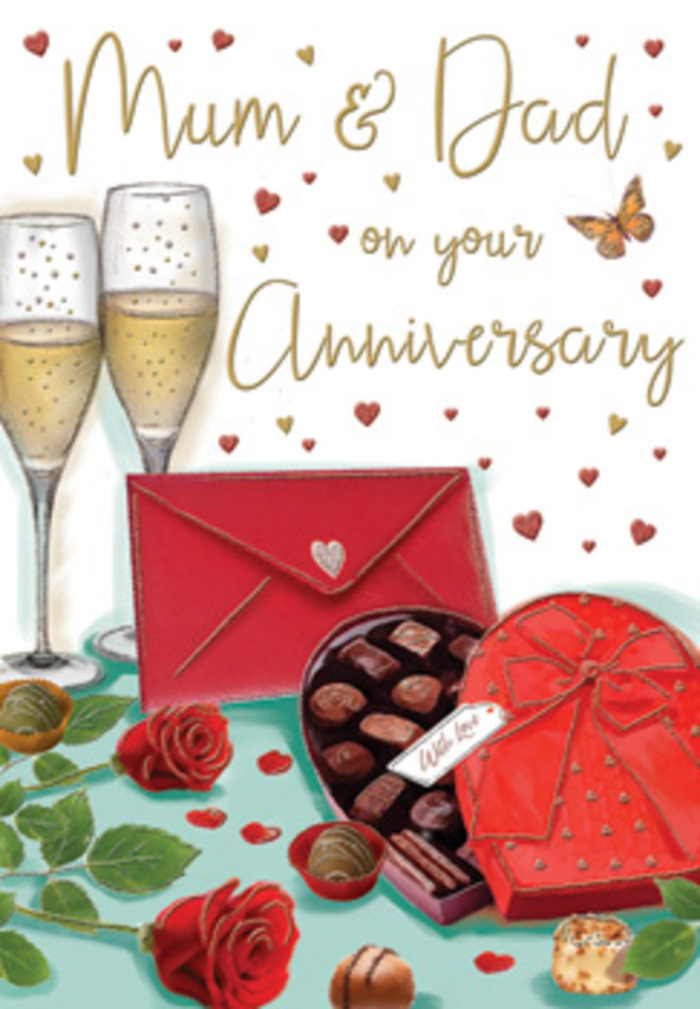 This richly detailed anniversary card is illustrated as though it were a lovingly arranged still life waiting on a sideboard in an Upminster home, capturing the essence of a heartfelt celebration for Mum and Dad. At the centre, two tall champagne glasses stand almost touching, their clear curves reflecting soft, ambient light, the liquid inside a delicate golden shade, flecked with tiny bubbles that suggest the soft fizz of a freshly poured toast. Just in front of them, a heart-shaped box of chocolates provides a deep red focal point; its lid is tipped to one side, revealing an assortment of chocolates in neat rows, some lightly dusted, others smooth and glossy, inviting a shared treat after dinner. A broad, satin red bow crowns the box, its loops full and theatrical, echoing the romance of the occasion. Resting nearby, two velvety red roses lie casually on the tabletop, as if just set down by a florist returning from a delivery near Upminster Bridge. Their petals are lush and layered, tumbling open in rich ruby tones, while the surrounding greenery adds freshness and life, recalling the gardens and green spaces tucked around the local neighbourhood. Gold and crimson hearts drift across the card's background, their soft outlines dancing around the delicately hand-written 'Mum & Dad', which is placed with care to feel both personal and celebratory. A scarlet envelope, angled slightly, suggests an intimate message or family note inside, waiting to be read aloud in a quiet living room off Corbets Tey Road. The whole composition glows with warmth, indulgence and gratitude, evoking the kind of anniversary evening that honours years of partnership, shared laughter, and enduring love.