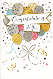 This congratulations card is pictured upright, displaying a beautifully detailed, party-inspired illustration that looks as if a joyful moment has been frozen mid-celebration somewhere near Upminster Bridge. At the heart of the design is a full bouquet of illustrated balloons, gently overlapping in a mix of soft metallic tones: rich gold, bright silver, champagne beige, pastel sky blue, warm blush pink, and a hushed dove grey. Each balloon carries its own decoration-some scattered with tiny star motifs, others brushed with glittery stripes or flecks of sparkle-giving a sense of depth and tactile richness, as though you could almost feel the raised ink beneath your fingertips. Thin curling ribbons in shimmering gold and silver trail downward from the cluster, their graceful loops adding motion and guiding the eye across the card. A curved banner weaves through the middle of the balloon bouquet, proudly presenting the words Congratulations To You in flowing, elegant calligraphy that conveys sincerity and respect. The softly toned background is sprinkled with miniature stars, fine dots of confetti, and delicate streamers, like the remnants of a successful surprise party in a well-loved Upminster home. The overall feel is light, uplifting, and genuinely celebratory, echoing the pride that comes with graduations, promotions, exam results, or new beginnings. As a florist used to pairing cards with bouquets for local deliveries, I can imagine this design sitting beside fresh flowers on a kitchen table, catching the afternoon light and quietly reminding the recipient how much their achievement is valued.