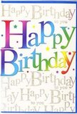 This birthday card design seems to hold a little burst of party spirit on its front, much like the cheerful atmosphere around Upminster Park on a sunny afternoon. The main text, a bold and friendly Happy Birthday, stretches confidently across the card in tall, rounded letters, each one filled with a gentle gradient of colour that flows seamlessly into the next. Starting from deep cherry reds and rosy pinks, the hues slide into glowing oranges, mellow sunshine yellows, fresh garden greens, tranquil sea blues, and finally rich violets, forming a complete rainbow sweep that recalls the varied tones of a mixed floral arrangement. The surface of the text looks slightly glossy, hinting at a smooth, premium card stock that would feel satiny beneath your fingertips. Behind this colourful greeting, a curtain of delicate gold calligraphy covers the background, repeating Happy Birthday to you in a looping, cursive hand that feels personal and handwritten. The metallic gold catches light softly, similar to the way evening sun glints off shopfronts along St Mary's Lane, creating a gentle shimmer rather than a harsh shine. Occasional tiny sparkling dots and subtle shadows around the letters add depth, suggesting a touch of confetti and movement without making the design busy. The composition is carefully balanced: the bold rainbow message provides an immediate, joyful impact, while the fine golden script lends a note of elegance and warmth. It's a card that would sit beautifully alongside a vibrant bouquet arranged by a local Upminster florist, turning a simple birthday wish into a vivid, memorable moment for the person opening it.