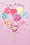 Softly whimsical birthday card artwork depicting a cluster of pastel balloons floating above a dainty floral bouquet, the kind of design that feels at home in a cosy Upminster living room on a celebration day. The background is a smooth, blush-pink wash that lets the colours of the balloons stand out with gentle clarity. Each balloon seems to have its own voice: one in sea green loops with candy-like stripes, another in powder pink is sprinkled with tiny playful polka dots, while others in lemon, lavender, and creamy yellow carry swirls and small decorative flowers. The balloons gather in a lively bunch, their thin strings drawn down like silver threads to meet at a small, hand-tied bouquet. The flowers at the base include delicate roses and soft, daisy-style blooms, with petals shading from warm cream through blush and into mauve, giving the sense of freshly opened blossoms from a local Upminster florist. A violet satin bow with a subtle sheen wraps around the stems, its neat knot adding a final, thoughtful touch. Light seems to skim across the scene, brightening the balloons' rounded shapes and tracing the gentle curves of each petal, so the whole composition feels bright, airy, and festive. It evokes the feeling of sending a birthday card alongside fresh flowers delivered across Upminster, Cranham, and nearby roads, where a simple message is lifted into something magical by colour, imagination, and the quiet artistry of a well-crafted bouquet.