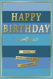 This stylish birthday card radiates gentle sophistication, wrapped in a tranquil palette of blues that unfold in wide, horizontal bands from dark to light. The stripes transition smoothly from deep navy through mid-toned ocean blue to a softer, sky-like tint, creating an ombre effect that feels as peaceful as an unhurried stroll through Upminster's leafy residential streets. At the centre of this calm background, the phrase HAPPY BIRTHDAY appears in prominent, embossed gold capitals, each letter sharply defined and slightly raised from the surface. The metallic gold catches the light, adding a soft, celebratory gleam that brings warmth without overwhelming the relaxing blues. Just below the main greeting sits a graceful golden flourish, its curves and loops reminiscent of traditional calligraphy, introducing a note of classic charm and making the card feel special, almost keepsake-worthy. Lower down, three slender gold banners are carefully stacked one beneath the other, each ribbon carrying a part of the message: Relax, have a great day and enjoy! The banners shine subtly, echoing the central lettering and leading the eye gently towards the bottom edge. A narrow gold border frames the whole design, giving the impression of a treasured picture in a simple, elegant frame. The card surface looks smooth with a slight sheen, suggesting a premium feel in the hand. You can picture this birthday card standing beside a fresh floral arrangement on a windowsill in an Upminster home, soft daylight glancing off the gold accents and turning a simple greeting into a quietly joyful birthday moment.