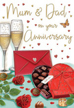The illustrated anniversary card presents a tender, celebratory scene that looks as though it could be set on a dining table in a cosy Upminster home after a favourite meal. Two tall champagne flutes stand together in the background, their slim stems and rounded bowls catching a gentle light that makes the golden champagne inside sparkle with tiny bubbles, ready for a clink and a whispered 'cheers'. In front of them, anchoring the scene, a heart-shaped box of chocolates takes pride of place, its deep red surface and opulent bow conveying indulgence and care. The lid is opened to reveal an inviting collection of truffles and chocolates arranged in careful rows, each one glossy and rich, evoking the soft scent of cocoa shared between loved ones. Nestled alongside, two exquisite red roses rest delicately on the table, their velvety petals layered in full, romantic spirals, just like roses freshly chosen from a nearby florist along Upminster High Street. Their green leaves fan out naturally, adding a touch of garden freshness that softens the luxurious feel of the chocolates and glassware. Small gold and crimson hearts drift across the card's background, circling the affectionate inscription for 'Mum & Dad' and infusing the design with playful warmth. A bold red envelope, slightly askew, hints at a handwritten message brimming with gratitude, perhaps reflecting on family milestones, quiet evenings, and memories made around Upminster's familiar streets. The overall impression is one of cosy elegance and heartfelt appreciation, a romantic yet family-centred tableau that honours the enduring love and shared history of parents celebrating their anniversary.